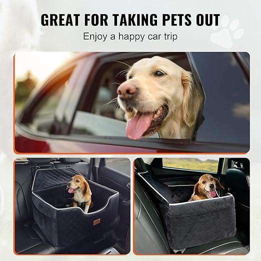 VEVOR Dog Car Seat, Waterproof Dog Booster Seat for Car with Side Handles and a Storage Pocket, Clip-On Safety Leash and PP Cotton Filling, Vehicle Bed for Small Dogs up to 25lbs, Gray