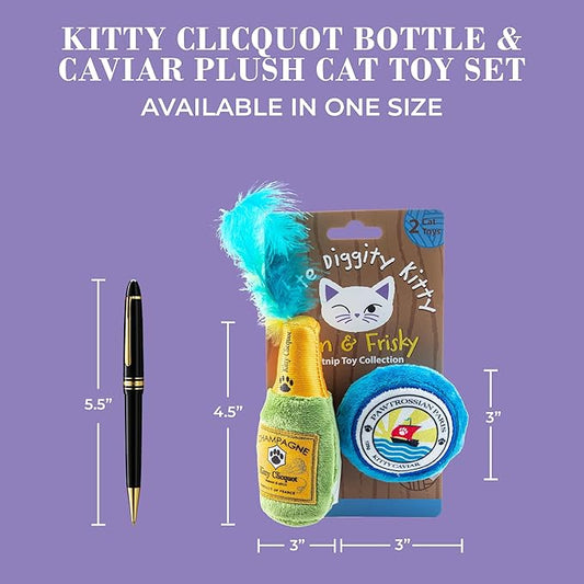 Clicquot Champagne & Caviar Set, Plush Cat Toys Catnip Filled with Interactive Crackle Sound, Safe, Durable Toys for Cat & Kitten, 2 Pcs