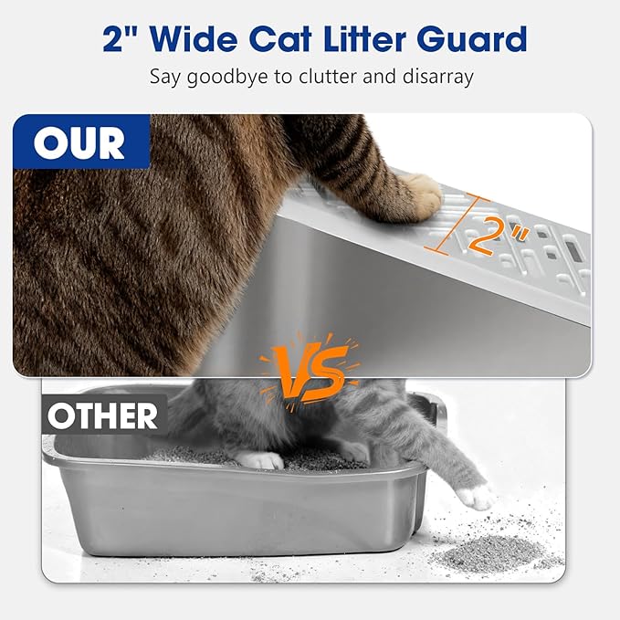 2 Pack Stainless Steel Litter Box with Lid, Kitten Metal Cat Litter Boxes High Sided Enclosed for Small Cat and Injured Cats Rabbit, Anti-Urine Leakage | Non-Stick Bottom & Includes Scoop