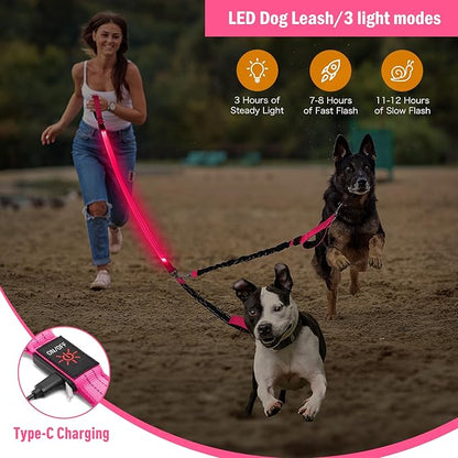 LED Double Dog Leash, 360° Swivel Dual Dog Walking Leash, Comfortable Shock Absorbing Lead for Dog, Reflective Removable Bungee for Two Dogs
