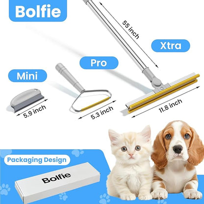 3 in 1 Carpet Rake for Pet Hair Removal, Tool Set of 3, 55” Long Handle Carpet Pet Hair Removal Carpet Scraper Dog Cat Hair Remover for Sofa, Couch, Car, Rug (Gray)