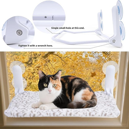 Cat Window Perch, Cordless Foldable Cat Hammock Bed with 4 Suction Cups, Embeded Machine Washable Bed for Indoor Cats, Strong Metal Frame Holds 40lbs (Leopard Print)