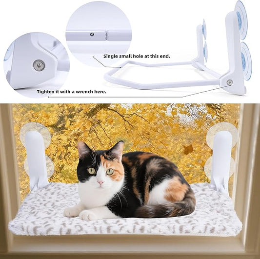 Cat Window Perch, Cordless Foldable Cat Hammock Bed with 4 Suction Cups, Embeded Machine Washable Bed for Indoor Cats, Strong Metal Frame Holds 40lbs (Leopard Print)