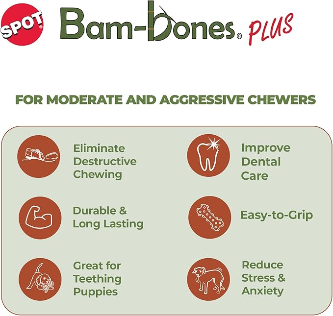 SPOT Bam-Bones Plus Triple Chew Dog Toy, Durable Bamboo Fiber & Nylon, for Aggressive Chewers, Adult Dogs & Teething Puppies Under 30lbs, 4in, Bison Flavor
