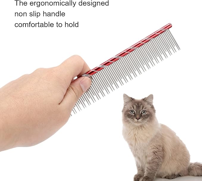 Zerodis Pet Hair Removal Comb, Reusable Stainless Steel, Comfortable Grooming Comb for Cats & Dogs, Red