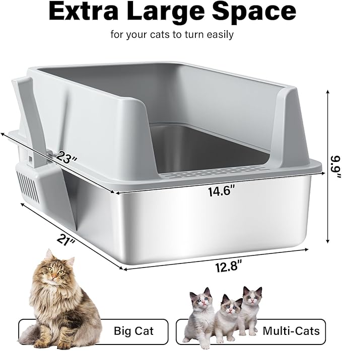 Stainless Steel Litter Box, Extra Large Litter Boxes for Big Cats, XL Metal Cat Litter Box with High Sides Lid, Anti-Urine Leakage, Never Absorbs Odors, Easy Cleaning, Non-Stick, Include Scoop and Mat