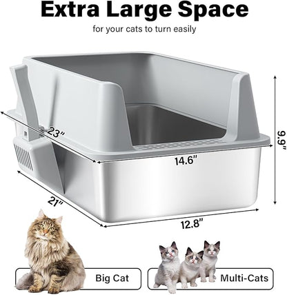 Stainless Steel Litter Box, Extra Large Litter Boxes for Big Cats, XL Metal Cat Litter Box with High Sides Lid, Anti-Urine Leakage, Never Absorbs Odors, Easy Cleaning, Non-Stick, Include Scoop and Mat