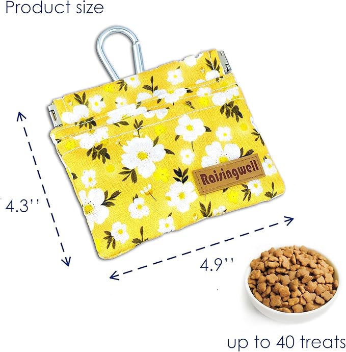 Raisingwell Dog Treat Pouch, Pocket Sized Pet Training Pouch, Cotton Fabric, Hand Free Yellow Flower Dog Walking Bag with Carabiner, Self-Closing Pet Feed Snack Reward, for Puppy Travel or Outdoor Use