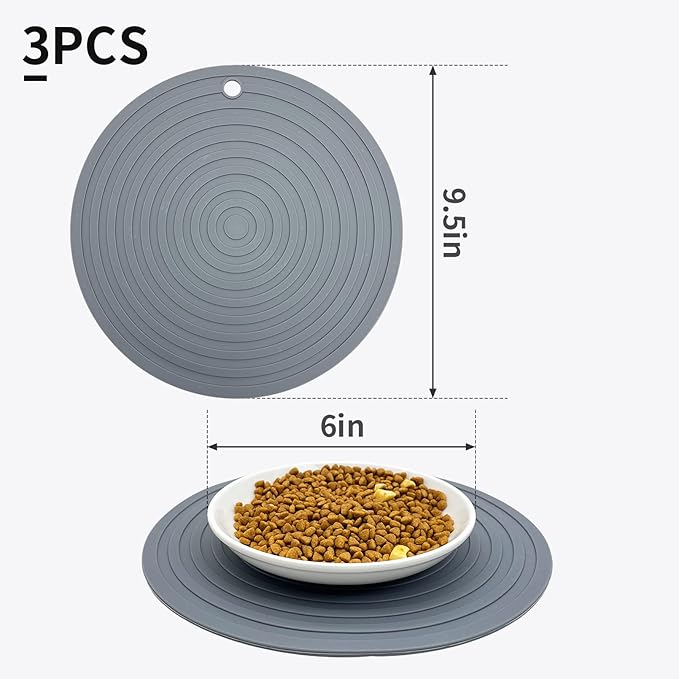 Fhiny 3PCS Silicone Pet Food Mat, 9.5" Round Waterproof Non-Slip Dog Cat Bowl Placemat Preventing Feed and Water Overflow Suitable for Medium Small Bowl Dish Plate for Small Animals Protect Floor
