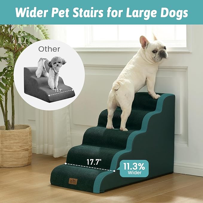 Wide Dog Stairs for Small Dog 22.6" H, Curved Pet Step for Puppy, Older Cat, Curved Ramp for High Bed or Car, Ladder with High Density Foam, Durable, 5 Step, 17.7x33x22.6 inch, Dark Green