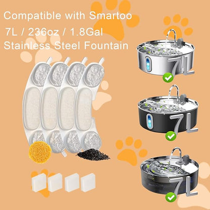 32 Pack Dog Water Filter Replacement Compatible with Smartoo 7L / 236oz / 1.8Gal Stainless Steel Fountain，16 Filters + 16 Sponge for Large Dog Water Fountain