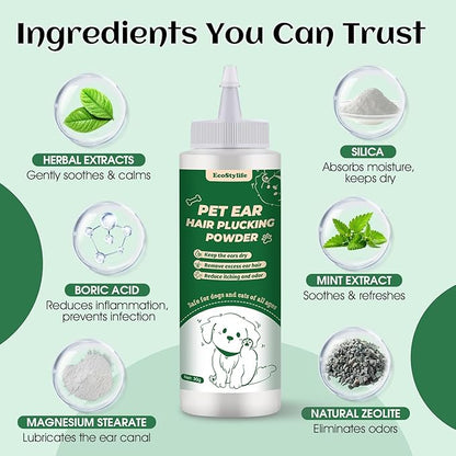 Dog Ear Powder for Hair Removal – Ear Plucking Powder for Dogs & Cats – Grooming Ear Powder for Better Grip, Less Moisture & Odor – Gentle Ear Care that Makes Ear Hair Removal Easier