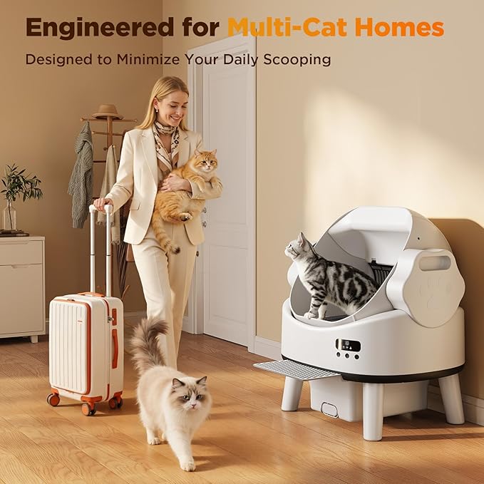 Self Cleaning Cat Litter Box, Open-Top Automatic Robot Litter Box for Multiple Cats with App Control, Safety Sensors Protection, Includes Liners, Digital Screen, Washable Sifter &Cat Pedal