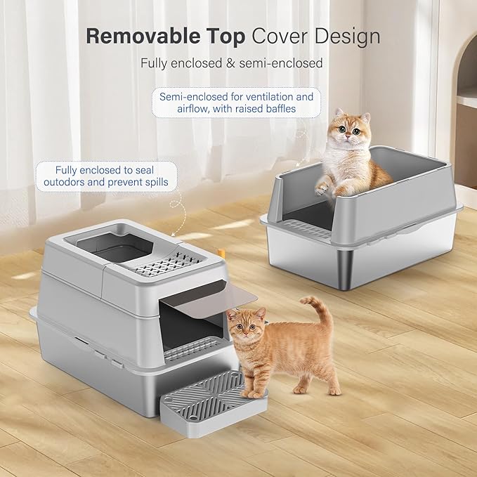 Stainless Steel Litter Box with Lid, XL Extra Large Enclosed Cat Litter Box Fits All Cats Modular Design with Flip Cover, Top Entry Metal High Sided Cat Box & Pedal & Scoop (Grey)