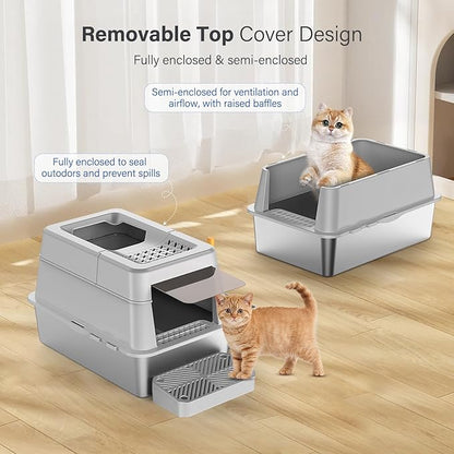Stainless Steel Litter Box with Lid, XL Extra Large Enclosed Cat Litter Box Fits All Cats Modular Design with Flip Cover, Top Entry Metal High Sided Cat Box & Pedal & Scoop (Grey)