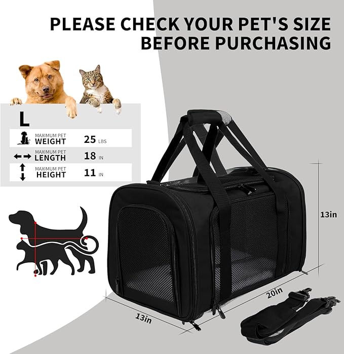 Carriers Soft-Sided Pet Carrier for Medium Large Cats Dogs Under 35Lbs,Breathable Mesh Ventilation Design,Airline Approved Cat Carrying Case(X-Large,Black)