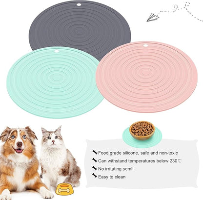 3 Pieces Silicone Pet Food Mat Feeding Mat for Dog and Cat Bowl Placemat Preventing Food and Water Overflow Suitable for Medium and Small Pet(9.5 Inch,Pink, Green, Gray)