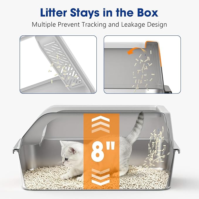 2 Pack Stainless Steel Litter Box with Lid, Kitten Metal Cat Litter Boxes High Sided Enclosed for Small Cat and Injured Cats Rabbit, Anti-Urine Leakage | Non-Stick Bottom & Includes Scoop
