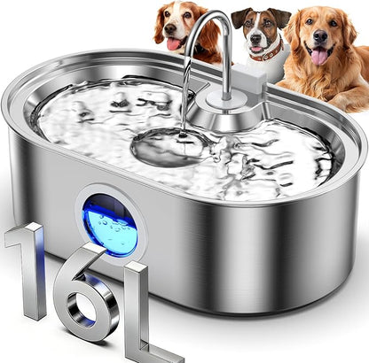 4.2Gal Dog Water Fountain for Large Dogs, 16L Stainless Steel Dog Fountain Water Bowl with Multi-Filtration & Deeper Drinking Tray, Extra Large Pet Water Fountain with Water Window & LED, Ultra-Quiet