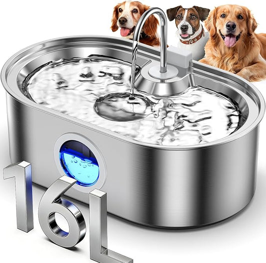 4.2Gal Dog Water Fountain for Large Dogs, 16L Stainless Steel Dog Fountain Water Bowl with Multi-Filtration & Deeper Drinking Tray, Extra Large Pet Water Fountain with Water Window & LED, Ultra-Quiet