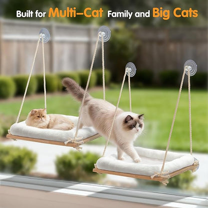 Cat Window Perch, Rustic Cat Hammock Bed with Solid Wood Seat 4 Heavy Duty Suction Cups, Plush Cushion, Indoor Pet Window Hammock for Cats for Large Cats (XL)