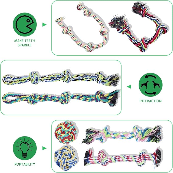12 Pack Dogs Rope Toys for Large/Medium/Small Aggressive Chewers, Tough Cotton Dental Rope Toys Kit, Heavy Duty Dog Tug of War Toy for Chewing, Playing, Teething, Teeth Cleaning, Tossing and Catching
