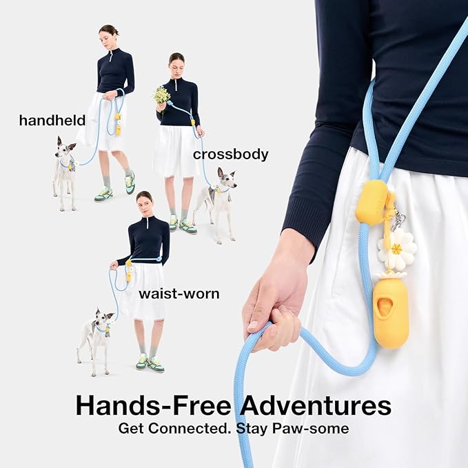 VETRESKA Hands-Free Dog Leash, 8FT Adjustable Rope Leash for Medium Large Dogs, Waist/Crossbody Slip Lead Leashes for Walking, No Pull Dog Leashes with Bag Dispenser, Clip, 3 in 1 Walk Kit (Daisy)