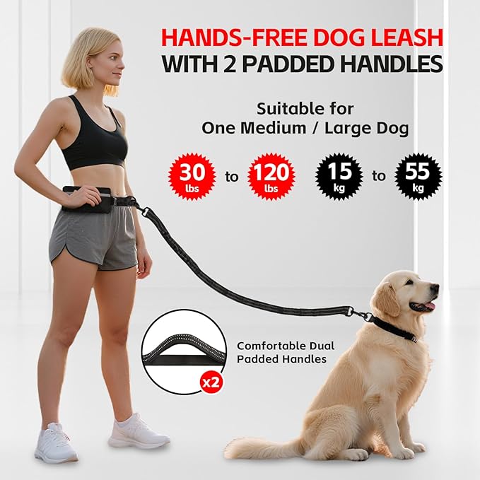 Hands Free Dog Leash with Waist Belt & Large Pouch, Waist Leash for Dog Walking, Running, Hiking & Jogging, Reflective Dual Padded Handles, Ideal for Medium/Large Dogs (30-120lbs)