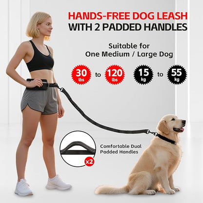 Hands Free Dog Leash with Waist Belt & Large Pouch, Waist Leash for Dog Walking, Running, Hiking & Jogging, Reflective Dual Padded Handles, Ideal for Medium/Large Dogs (30-120lbs)