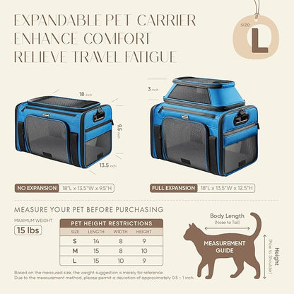 Top-Expandable Pet Carrier with Treat & Pet Window,18x13x9.5 Inch Southwest Frontier Airline Approved,Soft-Sided Dog Carrier for Small Dogs and Cats,Travel Cat Carrier with Locking Safety Zippers