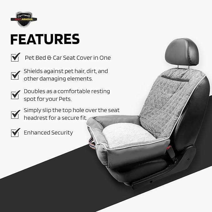 Seat Armour PetBed2Go Grey - Car Pet Bed and Seat Cover – Soft, Portable Pet Cushion for Travel – Protects Vehicle Seats from Fur, Dirt & Scratches