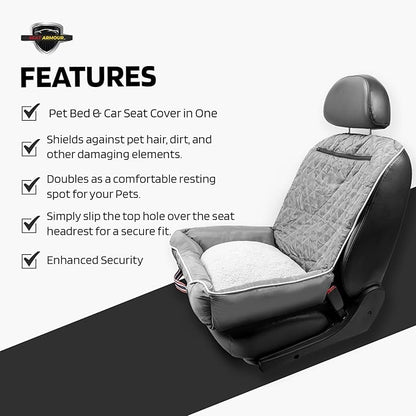 Seat Armour PetBed2Go Grey - Car Pet Bed and Seat Cover – Soft, Portable Pet Cushion for Travel – Protects Vehicle Seats from Fur, Dirt & Scratches