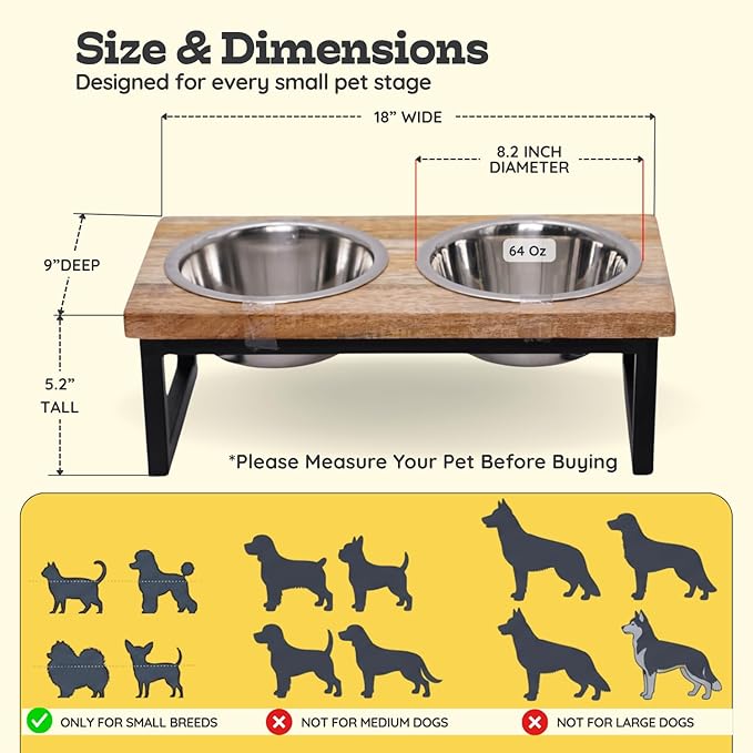 Elevated Dog Bowls, Medium 5.2 Height Mango Wood Raised Dog Bowl Iron Stand Frame with 64oz 2 Pcs Stainless Steel Pets Dishes, Food & Water 8Cup, 1.9L Capacity Nonslip Cat Feeding Station