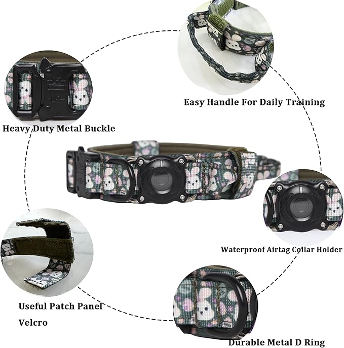 Xqpetlihai Upgraded AirTag Dog Collar Waterproof Tactical Dog Collar with AirTag Holder Heavy Duty Dog Collars for Large Dogs (Rabbit，M