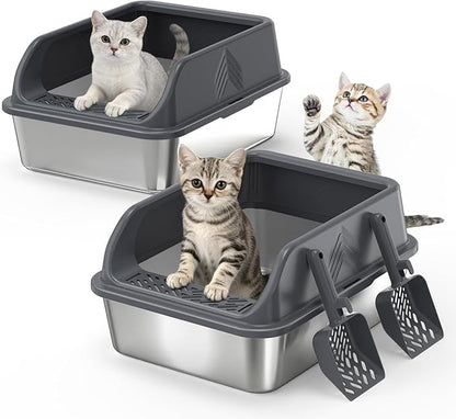 2 Pack Small Stainless Steel Litter Box with Lid for Kitten, Metal Cat Litter Boxes High Sided Enclosed for Injured Cats and Rabbit, Anti-Urine Leakage | Non-Stick Bottom & Includes Scoop