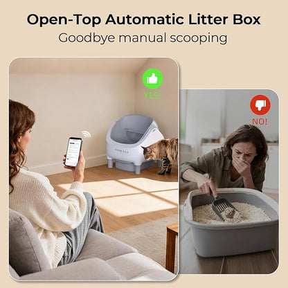 Automatic Cat Litter Box Self Cleaning, App Control, Open-Top Automatic Litter Box with Safety Sensors, Ultra-Quiet, 10.5L Waste Bin with Odor Control, 2 Rolls of Garbage Bags, LightGrey