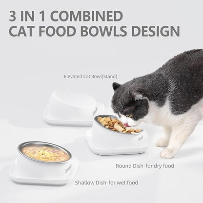 Cat Bowls Elevated Tilted Whisker Friendly, Cat Food Bowls for Indoor Cats, Shallow Food Dishes Stainless Steel, Slanted Flat Plastic Feeder Elevated Angled Design.(White)