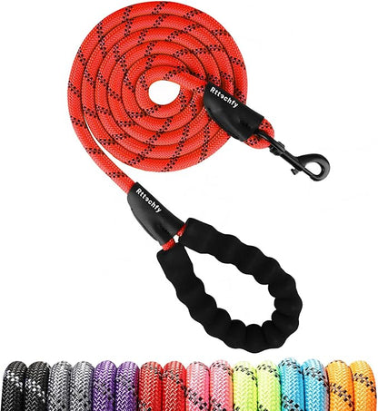 Rttochfy Rope Dog Leash 2/4/5/6/8/10 FT with Comfortable Padded Handle and Highly Reflective Threads for Small Medium and Large Dogs Heavy Duty (1/2"-4 FT, Red)