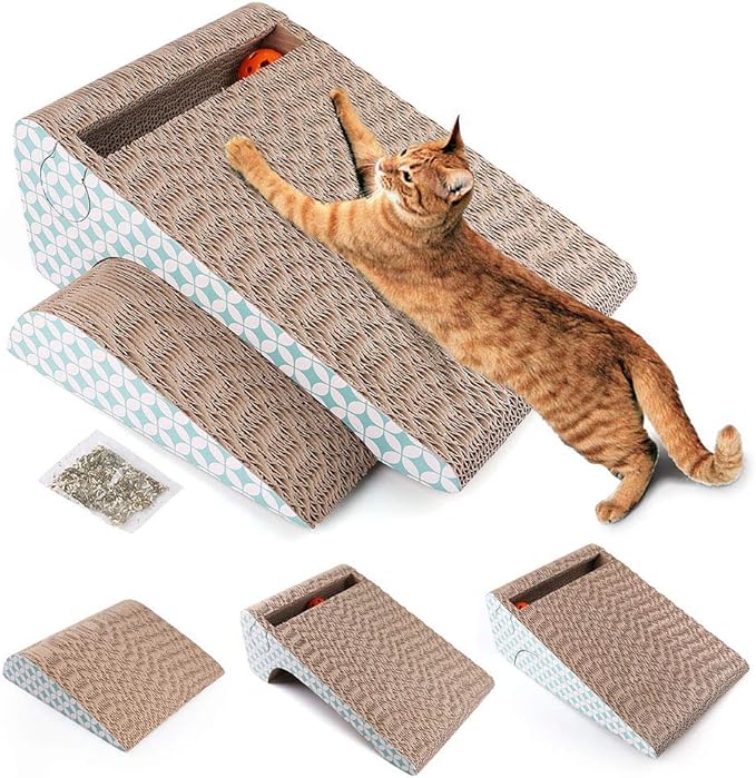 PrimePets Cat Scratcher Cardboard with Catnip, Removable Cat Scratching Pad with Ball, 2-in-1 Corrugated Cat Scratch Lounge Sofa Refill