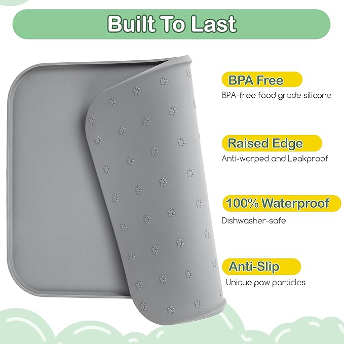 100% Waterproof Silicone Pet Feeding Mat,Warped Resistant Raised Edge BPA-Free Dog Cat Food Mats, Non-Slip Pet Placemat with High Lip to Prevent Spills, Dishwasher Safe, 21.5"x14" Grey