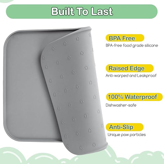 100% Waterproof Silicone Pet Feeding Mat,Warped Resistant Raised Edge BPA-Free Dog Cat Food Mats, Non-Slip Pet Placemat with High Lip to Prevent Spills, Dishwasher Safe, 21.5"x14" Grey