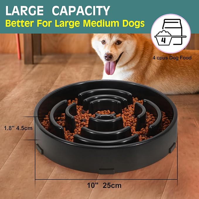 WHIPPY Large Slow Feeder Dog Bowls for Large Medium Dogs Anti-Chocking Slow Feeding Maze Dog Food Bowl Slow Eating Interactive Bloat Stop Puzzle Bowl,Black