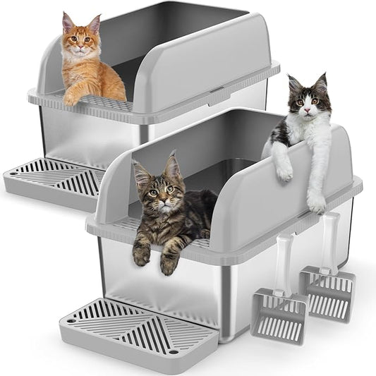 2 Pack 8" Deep Stainless Steel Litter Box with Lid, Extra Large & Deep Stainless Steel Cat Litter Box for Multipul Cats, Metal Litter Pan with Anti-Leakage High Wall, Litter Pan Easy Cleaning