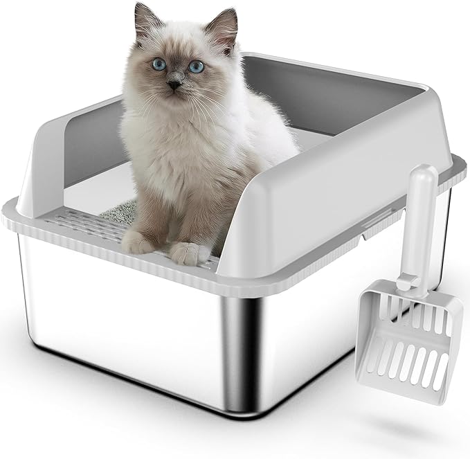 17.3"x13.4"x15" Stainless Steel Cat Litter Box with Lid, 6" High Kitty Litter Box for Kittens & Small Pets, Semi-Enclosed Metal Litter Box for Leak Proof, Easy-Clean Non-Stick, Odor Control