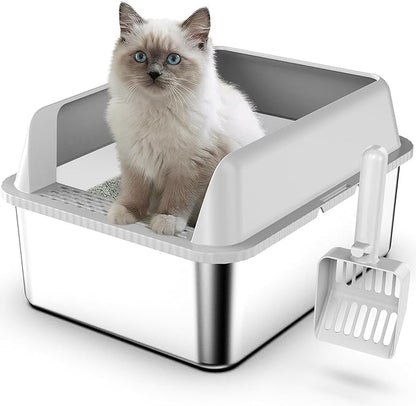 17.3"x13.4"x15" Stainless Steel Cat Litter Box with Lid, 6" High Kitty Litter Box for Kittens & Small Pets, Semi-Enclosed Metal Litter Box for Leak Proof, Easy-Clean Non-Stick, Odor Control