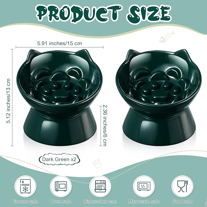 2 Pcs Ceramic Raised Slow Feeder Cat Bowl, 5.91inch Elevated Cat Slow Feeder Bowl Tilted Anti Vomiting for Dry Wet Food and Water Easy to Clean High Edge(Dark Green)