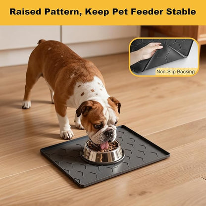 Pieviev 16''x12'' Dog Cat Food Bowl Mat, Silicone Waterproof Food Grade Pet Food Mat for Floor, High Raised Edge to Prevent Spills, Non-Slip & Easy Clean Pet Placemat for Dog & Cat Bowls, Dark Gray