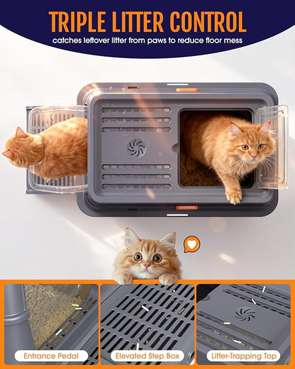 Cat Litter Box - Stainless Steel Litter Box with Lid for Kitty, Metal Base Enclosed Cat Box with Litter Scoop, Elevated Step Box, Activated-Carbon Pack, 17.1" x 13.2" x 15", Grey