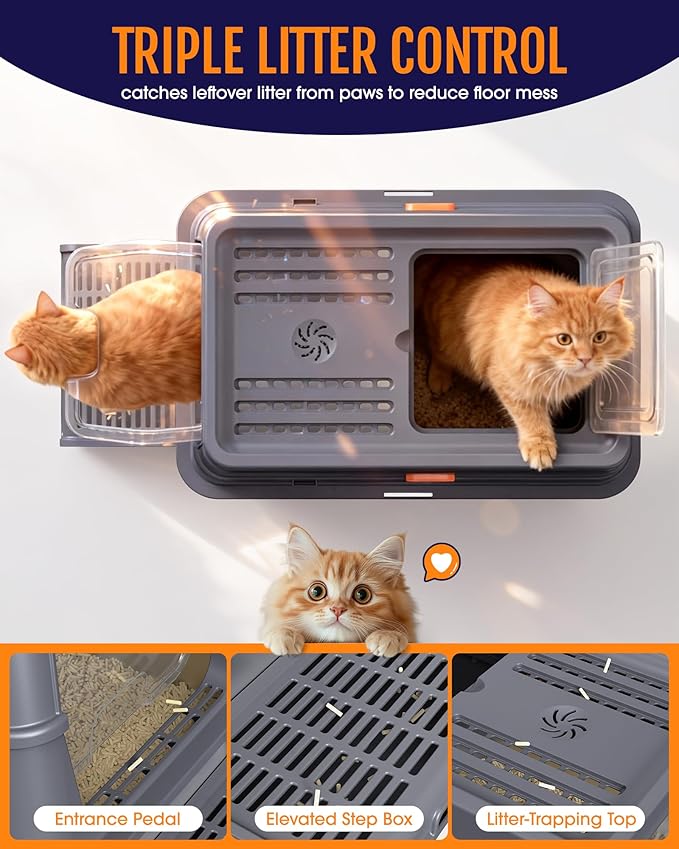 Cat Litter Box - Stainless Steel Litter Box with Lid for Kitty, Metal Base Enclosed Cat Box with Litter Scoop, Elevated Step Box, Activated-Carbon Pack, 23.6" x 15.7" x 15", Grey