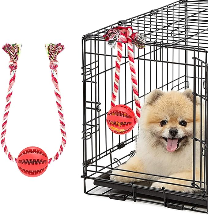 Interactive Dog Chew Toys Crate Training Aids for Puppies, Puzzle Treat Dispenser with Rope Dogs Toy Ball Reduce Stress Anxiety Peanut Butter Dog Food Treat Dispenser Toys (Red)